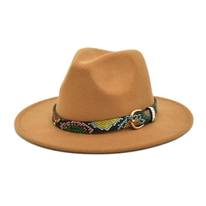 Detail of wool fedora hat with vibrant snake print band and golden buckle