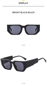 Detail view of square frame sunglasses in bright black with multi-angle display