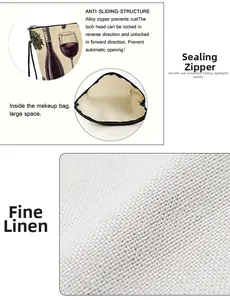 Close-up of fine linen fabric texture and anti-slip alloy zipper on wine print makeup bag