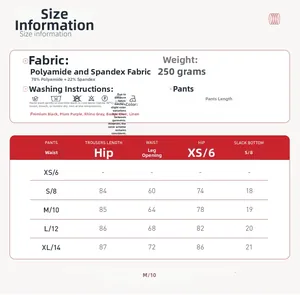 Size guide for high-waisted yoga leggings showing measurements and nylon-spandex fabric details