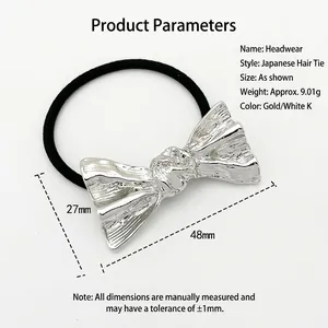 Bowknot hair tie with elastic rope and silver alloy ornament, dimensions 48x27mm
