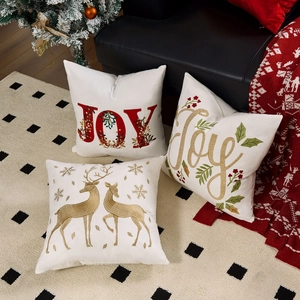 Set of 3 Christmas cushion covers with reindeer and Joy embroidery on white fabric 45x45