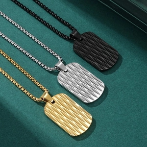Three men's textured rectangle stainless steel pendants in gold, silver, and black finishes