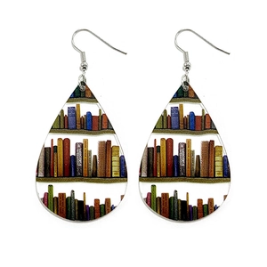 Classic teardrop acrylic earrings featuring a colorful bookshelf and books pattern