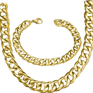 Polished gold Cuban link necklace and bracelet set for men with lobster clasps