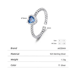 S925 sterling silver open ring featuring a blue heart gemstone and twisted band design