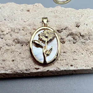 Detailed macro view of an oval sunflower pendant with a white pearl shell inlay