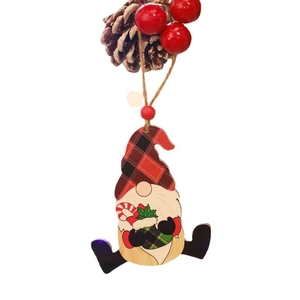 Christmas wooden faceless gnome pendant with red black plaid hat and candy cane