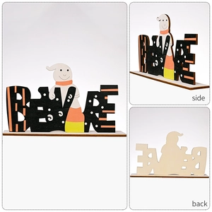 Three-view display of wooden Halloween BEWARE sign with a ghost motif and plain wood back