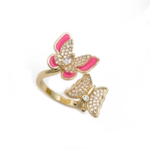 Golden open ring with double butterflies featuring pink enamel and zircon pavé