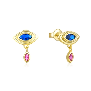 Macro shot of gold evil eye stud earrings with blue and pink crystals on reflective base