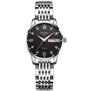 Detailed view of elegant silver women's quartz watch with black dial and day-date window