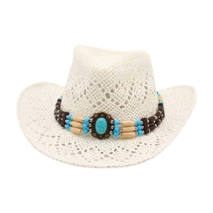 Western Straw Cowboy Hat With Turquoise Beaded Band Breathable Ethnic Bohemian Beach Sun Protection Hollow Out