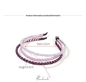 Close-up of three handmade crystal beaded headbands in purple, pink and silver white