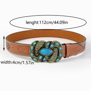 Brown PU leather belt with vintage turquoise metal buckle and size dimensions 112x4cm