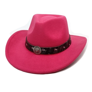 Vue détaillée du chapeau de cowboy en feutre fuchsia avec boucle lion métallique