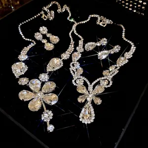 Sparkling Flower Teardrop Necklace And Earrings Silver Tone Copper Rhinestone Elegant Fashion Party Bridal Accessories