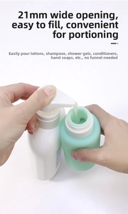 Detailed view of filling a 21mm wide-mouth silicone travel bottle with lotion.