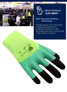 Detail of green knitted work gloves with black thickened wear-resistant latex coating