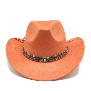 Detail of orange suede cowboy hat with braided band and evil eye pendant detail