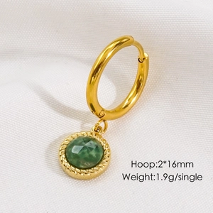 Detailed view of single gold hoop earring with green gemstone pendant and 2x16mm size label