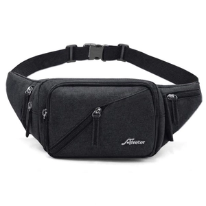 Men's black canvas waist bag with adjustable strap and multiple zipper compartments