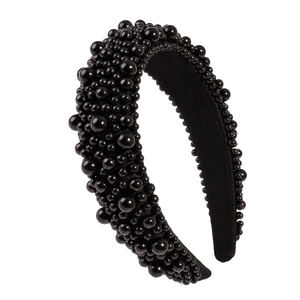 Padded black headband with mixed size pearls to boost crown height for women