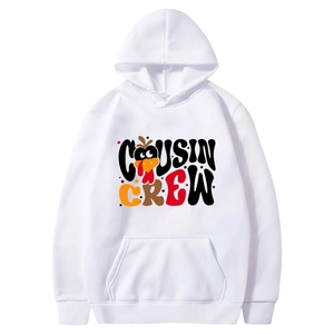 White fleece hoodie featuring Cousin Crew turkey print with drawstring and pocket