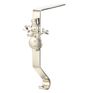 Polished silver Christmas stocking holder with snowman relief and metal hook for fireplace