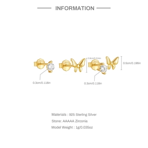 Detailed size and material info for 925 sterling silver butterfly and zircon stud earring set