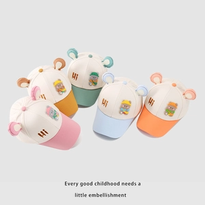 Five colorful kids baseball caps with cute bear patches and 3D ears in pastel tones