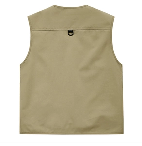 Rear view of khaki fishing vest showing durable fabric and functional black D-ring hook