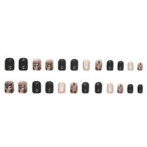 Short round black nails with leopard print pattern and gold glitter artificial nail kit