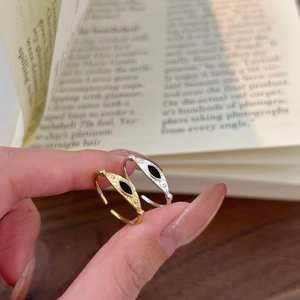 Minimalist 925 silver Evil Eye open rings in gold and silver finish with black enamel