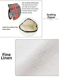 Detailed close-up of plaid cosmetic bag with durable alloy zipper and linen texture
