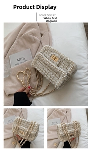 Detailed macro view of white tweed mini bag featuring pearl trim and gold clasp
