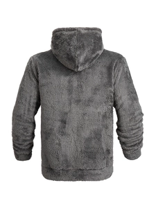 Back view of thick grey hooded fleece jacket showing soft fuzzy textured warm material