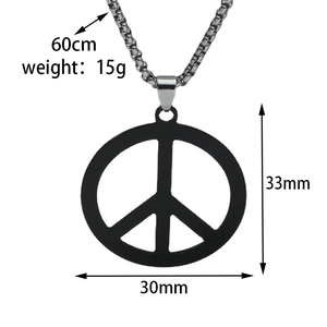 Detail view of peace sign necklace with dimensions 33x30mm and 60cm chain length