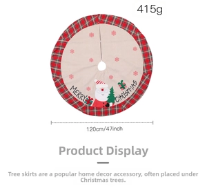 Detail of 120cm Christmas tree skirt with red plaid border and Santa Claus pattern