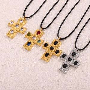 Vintage 18K gold plated hammered glass cross pendant necklace with black cord strap