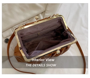 Macro view showing brown pleated leather bag interior with gold clasp and pockets