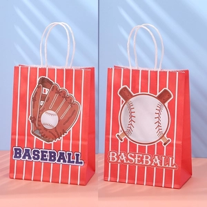 Baseball themed kraft paper gift bags with red handles and sports printed patterns