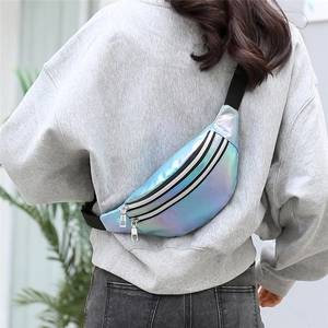 Iridescent blue laser waist bag for women with multi-layer zippers and black strap