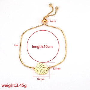 Adjustable gold stainless steel leaf charm bracelet with box chain and size labels