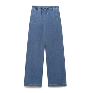 Detailed view of casual blue denim pants featuring elastic drawstring waist and straight leg