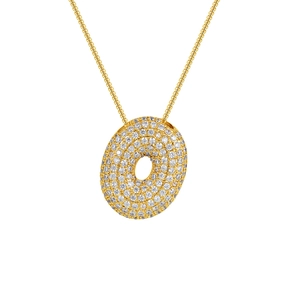 Close-up of 18K gold plated letter O pendant with sparkling cubic zirconia pavé setting