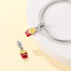 Detail of red French fries charm with enamel finish and zircon on silver snake chain