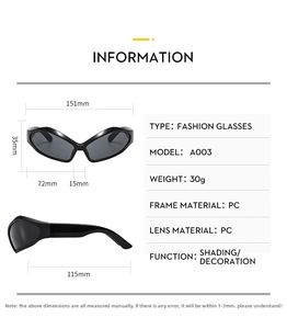 Front and side view of black wide-leg retro sunglasses with detailed size measurements