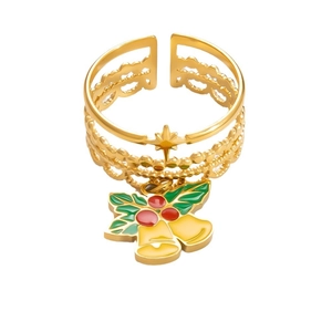 18K gold plated stainless steel open ring with Christmas bell enamel pendant and star detail