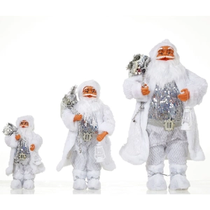 Three-piece silver sequin Santa Claus doll set with plush coats in various sizes
